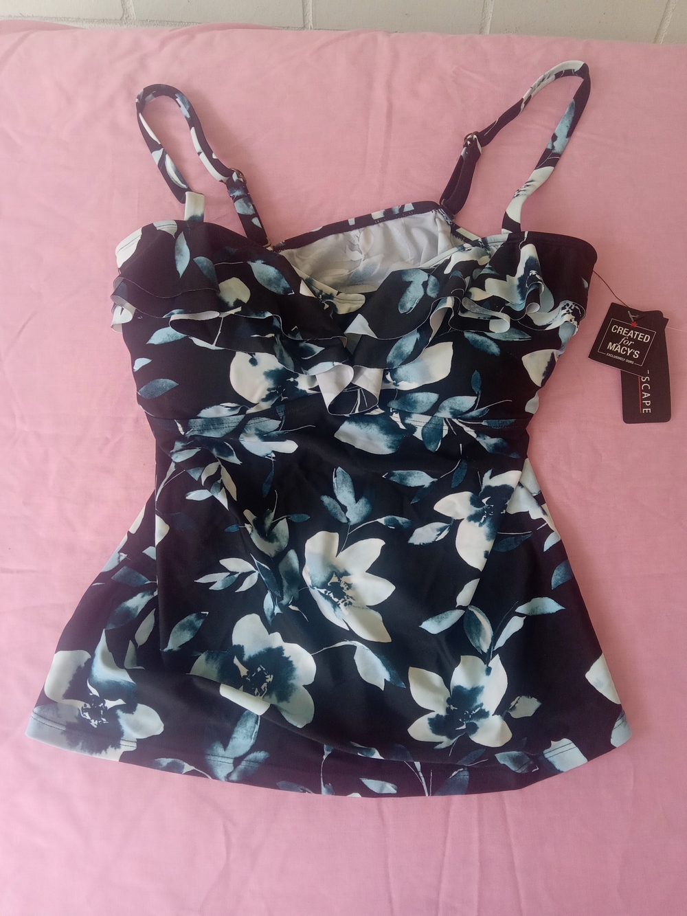 ISLAND Escape TANKINI Black Floral with Aqua & White Print SIZE 14
